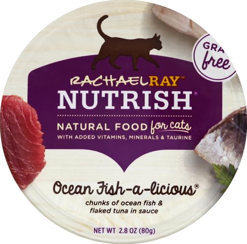 NUTRISH GRAIN FREE WET CAT FOOD OCEAN FISH-A-LICIOUS WHOLE HEALTH BLEND WITH REAL FLAKED OCEAN FISH & TUNA IN SAUCE, 2.8 OZ. CUP (RACHAEL RAY) (PACK OF 12)
