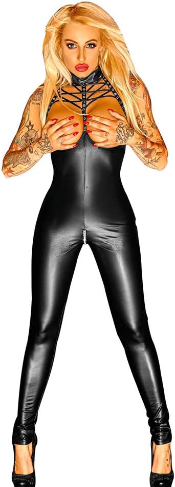 MWHDS Large Size Ladies Sexy PVC Faux Leather Catfight Catsuit Fancy Dress Costume Jumpsuit Full Outfit Fancy Dress Clothing Costume PU Bodysuit Jumpsuits Women Christmas Halloween,XL