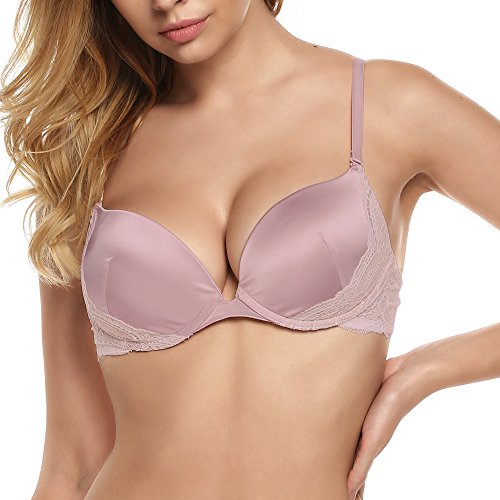 Ekouaer Lace Push Up Bra Womens Padded Stain Demi Underwire Bra 32A-38DD Purple Pink