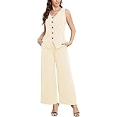 Outfeel Women's 2 Piece Blazer Outfits Button Down Sleeveless V Neck Vest and Wide Leg Pants Business Casual Sets