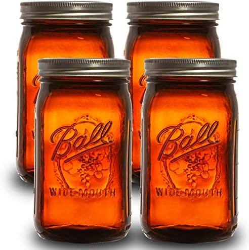 Ball Mason Jars 32オンス 広口 琥珀色 ガラスバンドル 滑り止めジャーオープナー付き 4