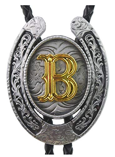Moranse Bolo Tie Golden Initial Letter A to Z In Western Cowboy Horseshoe Style with Cowhide Rope Necktie(B) - Thumbnail 3
