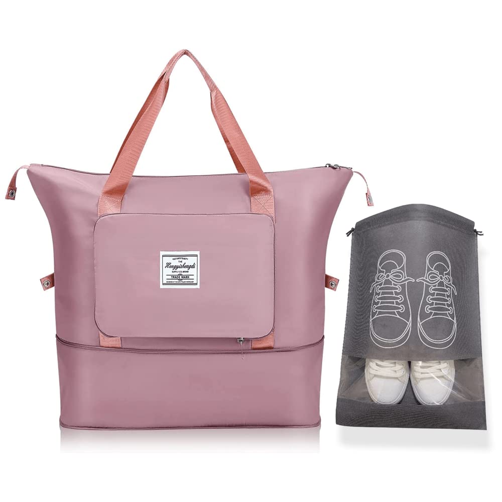 PINC® Foldable Travel Duffel Bag, Gym Duffel Bag, Sports Tote Gym Bag, Waterproof Beach Bag, Large Capacity Duffel Bag for Men and Women (Pink) + Shoe Bag (Grey)