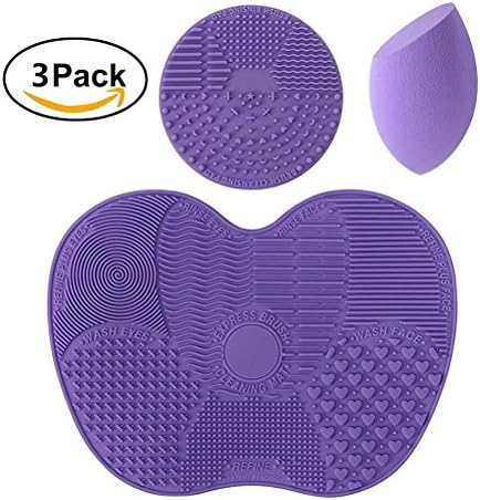 3 pcs/set Makeup Brush Cleaning Mat Pad with Sucker, 1 Apple Shape Mat,1 Circle Shape Mat and 1 Makeup Sponge Puff, Silicon Brush Cleaner Scrubber Board