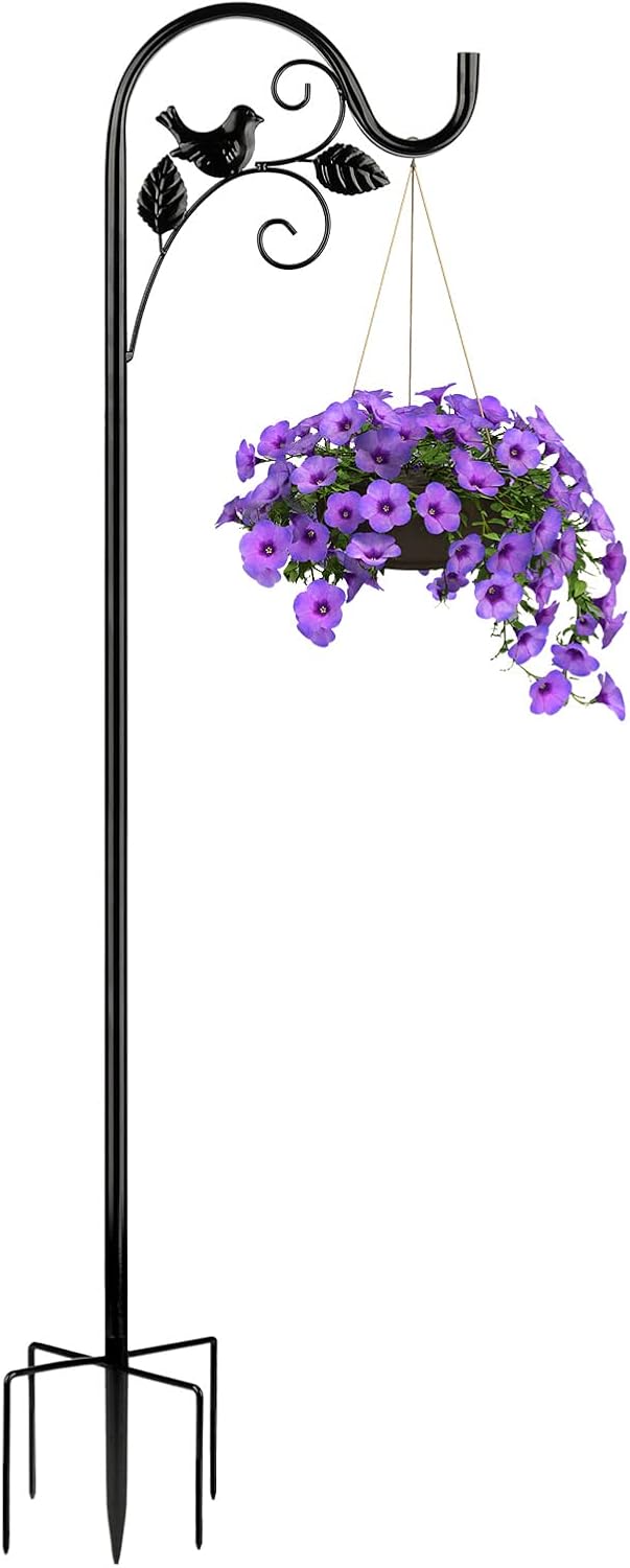 Outdoor Shepherd's Hooks - Art Elf Shepherds Hooks for Outdoor Hummingbird Bird Feeder Pole Hanger 67 Inches with 5 Prongs Base Stainless Metal Adjustable Garden Hanging Holder Weddings Decor Bird Black 1-Pack