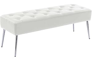 DUHOME Button-Tufted Ottoman Bench, Upholstered Footrest Stool Rectangular Dining Bench Leather Accent Bench for Entryway Dining Room Living Room Bedroom, White