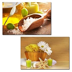 2 Panel Canvas Wall Art - Spa Still Life with Bath Salts and Flowers - Giclee Print Gallery Wrap Modern Home Art Ready to Hang - 16"x24" x 2 Panels