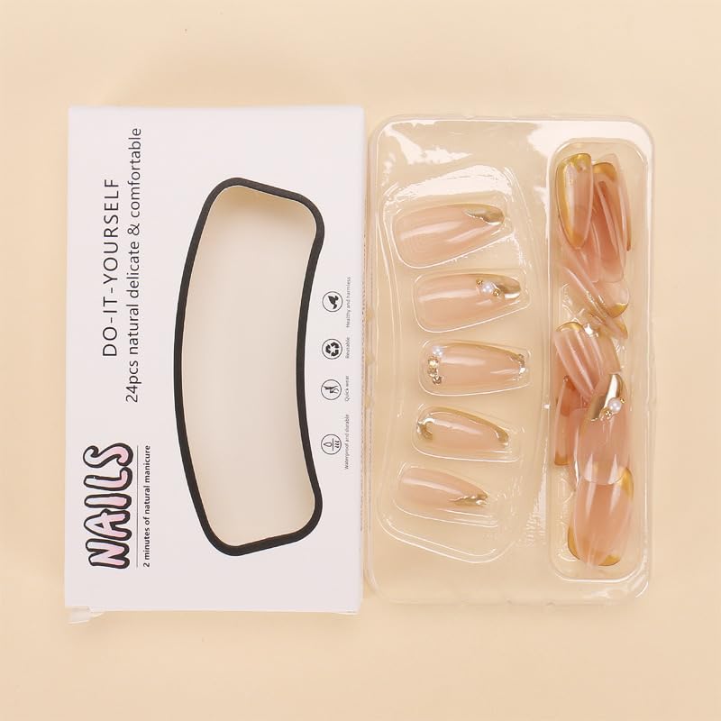Press on Nails Almond Fake Nails French Tip False Nails with Gold Line Design Glue on Nails Press ons Medium Acrylic Nails Glossy Full Cover Stick on Nails for Women Manicure 24Pcs