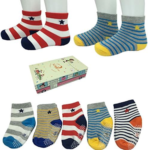 LEADSY 5 Pairs Non-Skid Shoe Socks Baby Boy Girl Toddler Anti Slip Cozy Stretch Knit Stripes Grips Cotton Ankle Footsocks Sneakers Crew Walker Socks