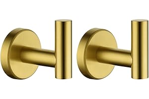 JQK Gold Bathroom Towel Hook, Coat Robe Clothes Hook for Bathroom Kitchen Garage Wall Mounted (Pack of 2), SUS 304 Stainless 