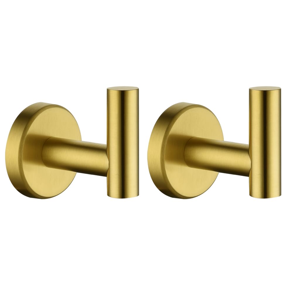 Photo 1 of JQK Bathroom Towel Hook Brushed Gold, Brass Coat Robe Clothes Hook for Bathroom Kitchen Garage Wall Mounted (Pack of 2), SUS 304 Stainless Steel 0.8mm, TH100-BG-P2