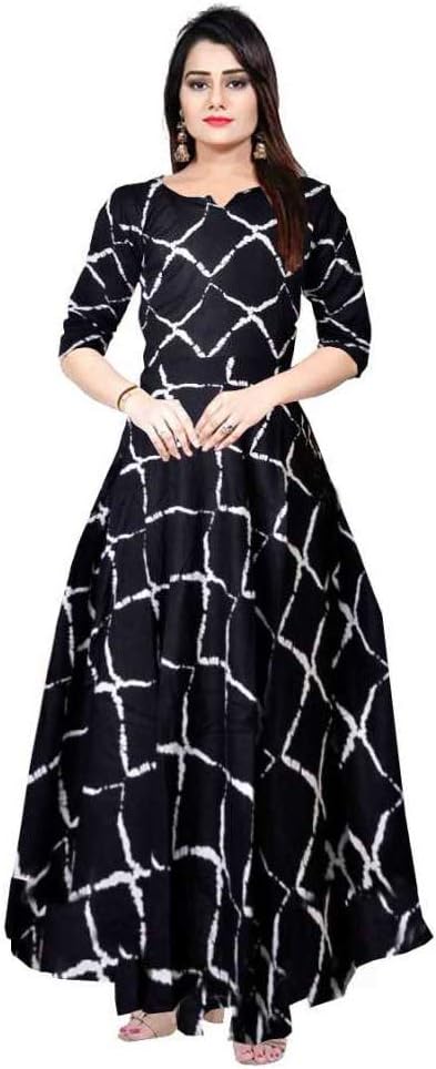 FrionKandy Women's A-Line Rayon Maxi Flared Sanganeri Print Dress_Free Size Upto 44 Inch (XXL)