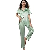 WJing Yi Jia Womens Pajamas Set XS-3XL Floral Silk Satin Pajama Sets Silky Pj Sets 2Pcs Loungewear Sleepwear Button Down Pjs
