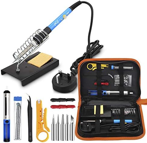 Soldering Iron Kit, 60W Adjustable Temperature Soldering-iron Gun Kit with 5 Soldering Tips, Desoldering Pump, Tin Wire Tube, Soldering Iron Stand, Tweezers, Wire Stripper Cutter and 2 Electronic Wire