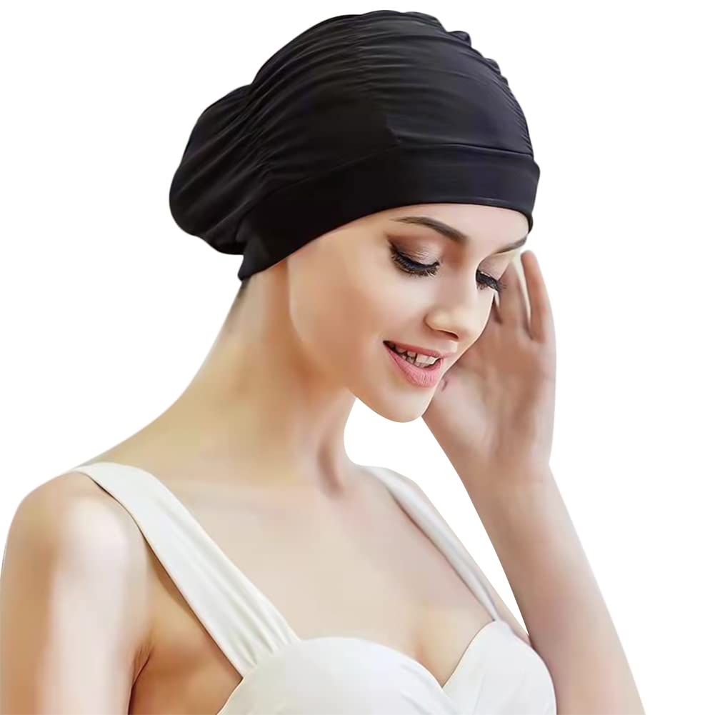 Pleated Swim Cap Ladies Long Hair Bathing Turban with Ears Protection for All Hair Types, Super Elastic Surf and Shower Cap