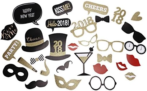 Baigio Woman 32 Pieces 2018 New Year Photo Booth Props Photo Booth Prop for New Year Eve Home Gradution Ceremony Wedding Party DIY Kit