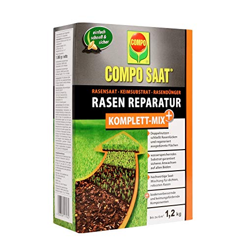 COMPO SAAT reparador de césped mezcla completa +, semilla de hierba, sustrato de germen, fertilizante de césped a largo plazo y activador de suelo, 1,2 kg (6 m²)