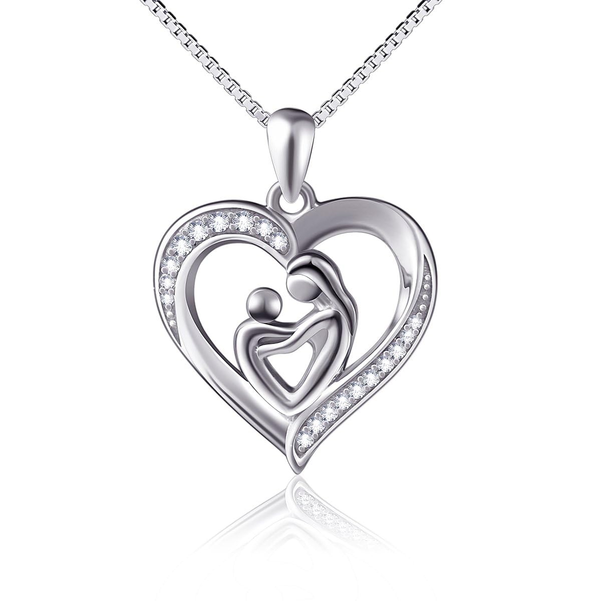 Flyow 925 Sterling Silver Mother and Child Love Heart Pendant Necklace for Women with Delicate Cubic Zirconia, Silver Chain 18 Inches New Mum Gifts (Mother's Love)
