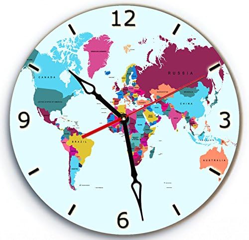 SofiClock Wall Wood Clock World Map With Arabic Numerals 12" Best Gift for Decor Home, Office, Kitchen