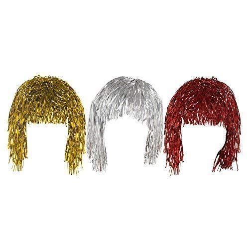 Set of 3 Gold Silver & Red Adult Fancy Dress Shiny Metallic Foil Tinsel Wigs Costume Accessory