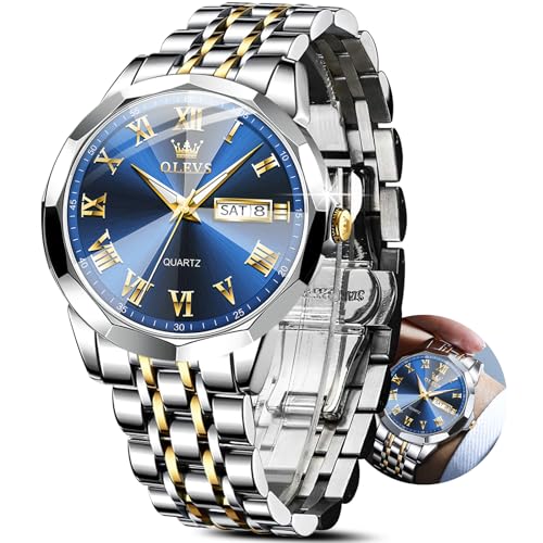 OLEVS Classic Men Watches with Date,Stainless Steel Man Watch with Date, Bussiness Watches for Men,Luminous Quartz Mens Watches Black/White/Blue/Gold, Waterproof Male Watch with Week