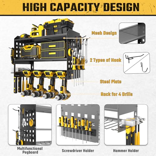 Yeabett 3 Level Tool Wall Mount, Tool Storage for 4 Power Tools, Tool Wall Mount for Garage, Workshop, 42.5 x 20 x 31 cm (Black)