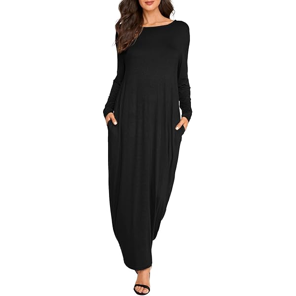 Jacansi Women's Black Casual Long Maxi Dress Plus Size 3/4 Sleeve Long Dress  with Pockets (01-Black, Small) at Amazon Women's Clothing store