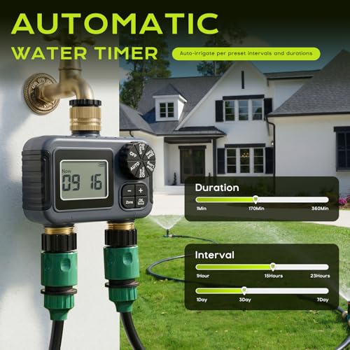 IPX5 Waterproof Automatic Watering Timer with Brass Input and Output, Rain Delay, Automatic and Manual Watering, Irrigation Timer for Garden Lawn