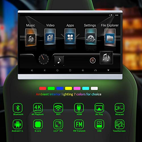 Dual 13.3 inch Android 7.1 Car Headrest Video Players, TV Monitors Screens, IPS Touch Screen 4K Crystal, Support WiFi/Wireless Display/Airplay/Miracast/HDMI in/Bluetooth/FM/USB/SD Card