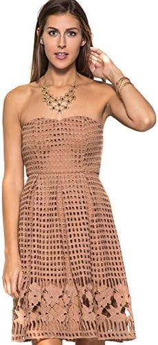 She + Sky Women'sBrown Sleeveless Croche Lace Midi Fit Flare Dress [S]
