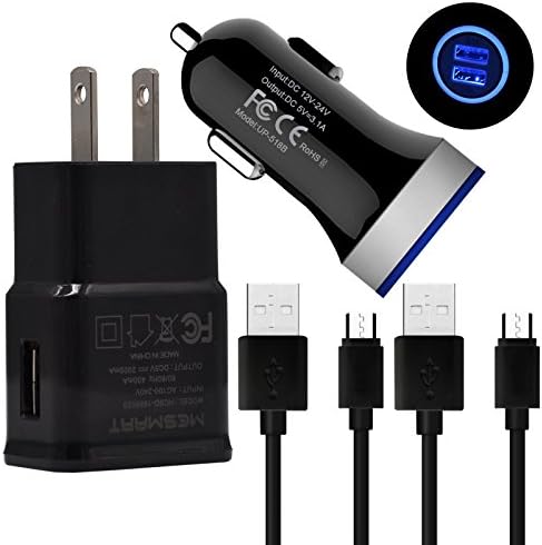MESMART Safety Certified Charger Kit Bundle 1x 2A AC Wall Power Adapter+1x Dual USB LED Light Car Charger+2x Standard Micro USB v2.0 Charging Cable Cord for Samsung Galaxy S7 S6 Edge Plus (Black)