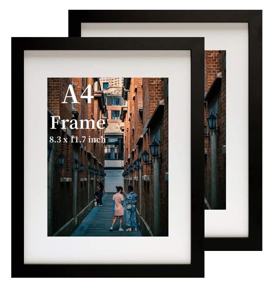 MEGAROOM A4 Wood Picture Frame Set of 2 - Photo Frame for 8.3 x 11.7 In (21 x 29.7 cm) Photo Wall Hanging - Picture Frame with Clear Perspex Front - Wall Mounting to Hang Portrait or Landscape (Black)