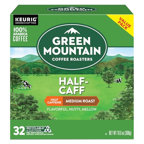 GREEN MOUNTAIN COFFEE ROASTERS HALF CAFF, SINGLE-SERVE KEURIG K-CUP PODS, MEDIUM ROAST COFFEE PODS, 32 COUNT