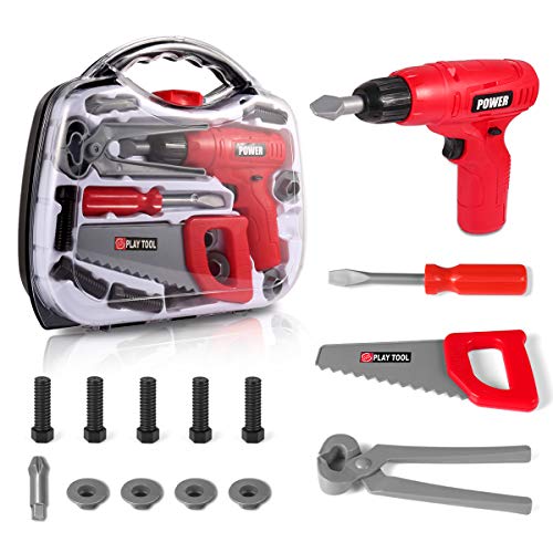 DAPRIL Kids Tool Set, Construction Tool Sets Pretend Play Toys with Electronic Cordless Drill and 14 Pretend Play Construction Accessories, The Best Popular Gift Toys for Boys & Girls