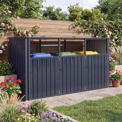 Goplus 7.8 x 2.6 FT Outdoor Trash Can Storage, 3-Bin Metal Garbage Shed with Flip-Up Lids & Lockable Doors, Galvanized Steel Utility Enclosure for Garden Tools Equipment, Patio, Backyard & Yard