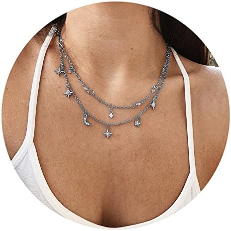 DANJIE Bohemian Flower Choker Necklaces Boho Star Moon Multi Layer Pendant Necklace for Women Vintage Fashion Collar Costume Jewelry (Silver plated)