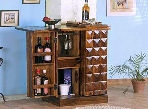 MH Decoart Sheesham Wood Wine Rack Bar Cabinet with Wine Glass Storage Living Room Furniture