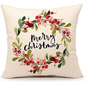4TH Emotion Merry Christmas Berry Wreath Throw Pillow Cover Cushion Case for Sofa Couch 18 x 18 Inch Cotton Linen