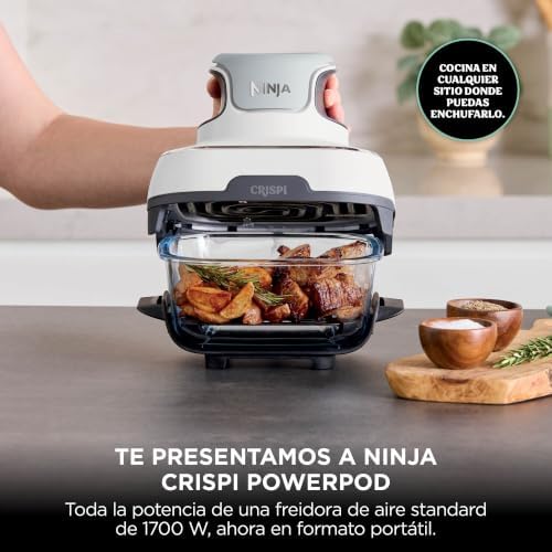 Fritadeira de ar portátil CRISPi, 3,8 L e 1,4 L, 4 em 1: fritar a ar, torrar, manter a temperatura, dourar. Compacto, 2 recipientes de vidro removíveis e tampas, 1700 W White FN102EU