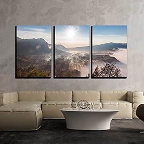 3 Piece Canvas Wall Art - Sunrise in The Forest Near Bromo Volcano, Java Island, Indonesia - Modern Home Art Stretched and Framed Ready to Hang - 16"x24"x3 Panels