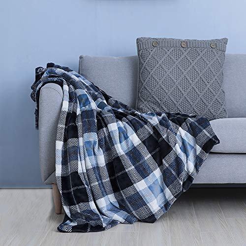 EverGrace Luxury Flannel Plaid Faux Fur Throw Blanket, Super Soft Lightweight Microfiber Bedding Blanket for Couch or Outdoor Travel Use W50 x L60 (Blue) - Thumbnail 5