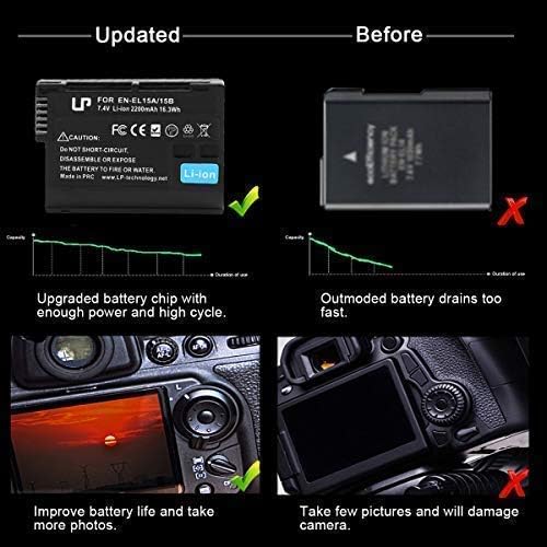 EN-EL15 EN EL15a Battery Charger Pack, LP 2-Pack Battery & Dual Slot Charger, Compatible with Nikon D7500, D7200, D7100, D7000, D850, D750, D500, D810a, D810, D800e, D800, D610, D600 & More - Image 5