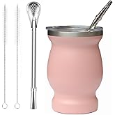 Beruth Bombilla Yerba Mate Gourd, 8oz Stainless Steel Tea Cup Set with a Multifunctional Lid, Two Straws and Cleaning Brushes, Double Walled Coffee Mug Heat Insulation Anti Scalding (Peachy Pink)