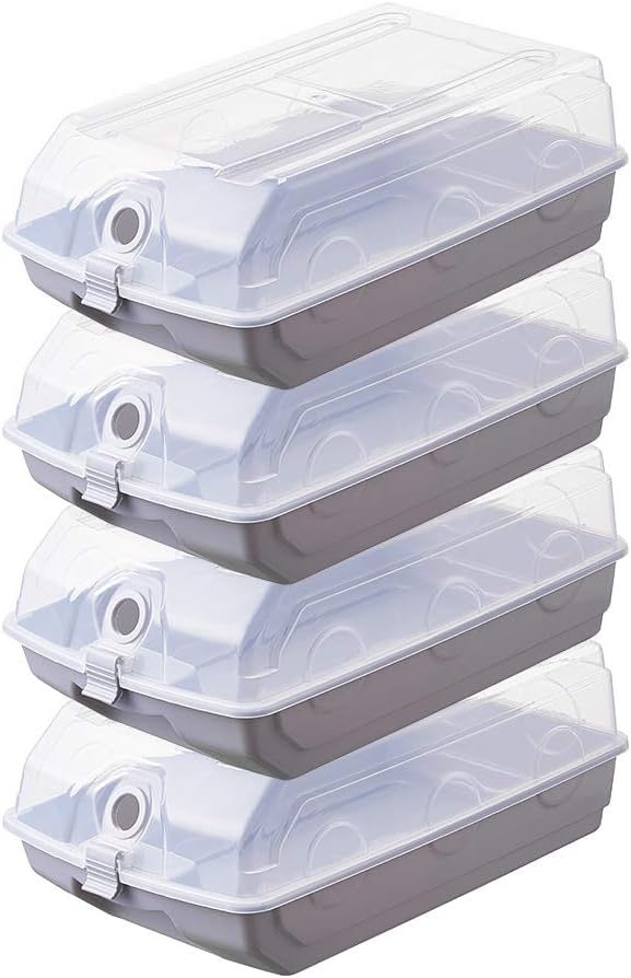 Gudessly Plastic Clear Stackable Storage Box Drawer Dustproof Shoe Container/Rack Shoe Organizer with Clear Windows(Grey-4 PCS)
