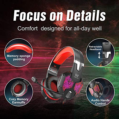 VersionTECH. Gaming Headset for Xbox One/PS4 Controller, PC, Wired Surround Sound Gaming Headphones with Noise Cancelling Mic, RGB LED Backlit for Nintendo Switch/3DS, Mac, Destop Computer Games - Red