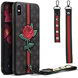 iPhone Xs Max Case, Dairnim Ultra-Slim Non-Slip [ 3D Rose Pattern Relief ] Soft TPU (Long Short Lanyard) Vintage Retro Phone Case Compatible with iPhone Xs Max 6.5 inch, Brown