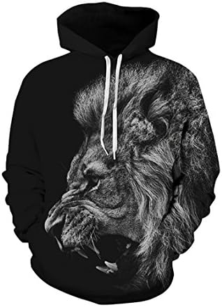 Lacostew Unisex 3d Digital Fierce Lion Print Big Pockets Drawstring Hoodie Sweatshirt Jacket Black S