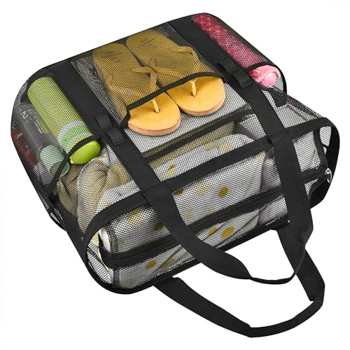 MAY TREE Extra Large Mesh Beach Bag with Multiple Pockets, Heavy Duty Beach Tote Bag for Family Trip Camping Swimming