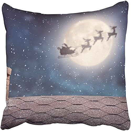 Throw Pillow Covers Merry Christmas Happy Holidays! Santa Claus Flying In His Sleigh On Moon Decor Pillowcases Polyester 18 X 18 Inch Square Hidden Zipper Home Cushion Decorative Pillowcase