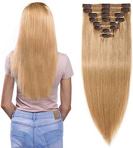 S-noilite 24" Clip in Human Hair Double Weft Thicken Natural Soft Remy Hair Extensions 170g 8pcs /pack for Full Head Clip in Hair Extensions Grade 7A Quality #27 Dark Blonde